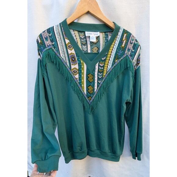 Donna Toran Womens Vtg 90s Southwestern Sweater M Fringe Western Country Aztek - Picture 3 of 5
